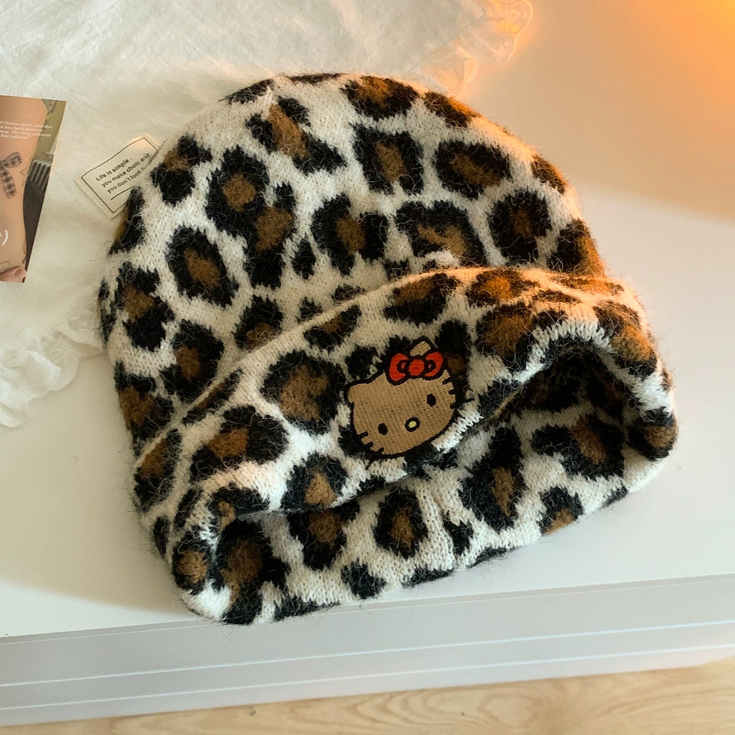 Kitty leopard print woolen hat