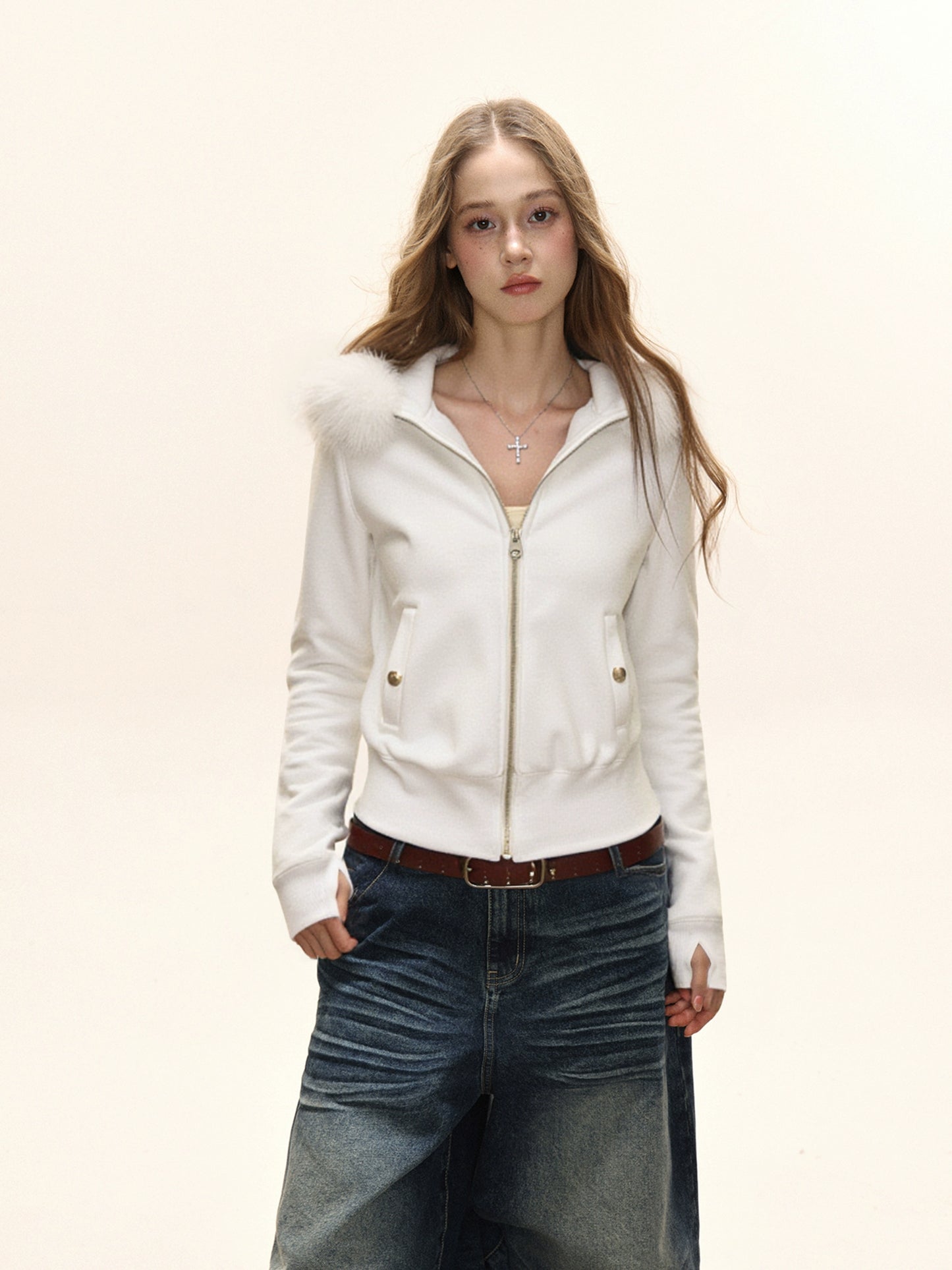 fluffy collar short hooded sweatshirt