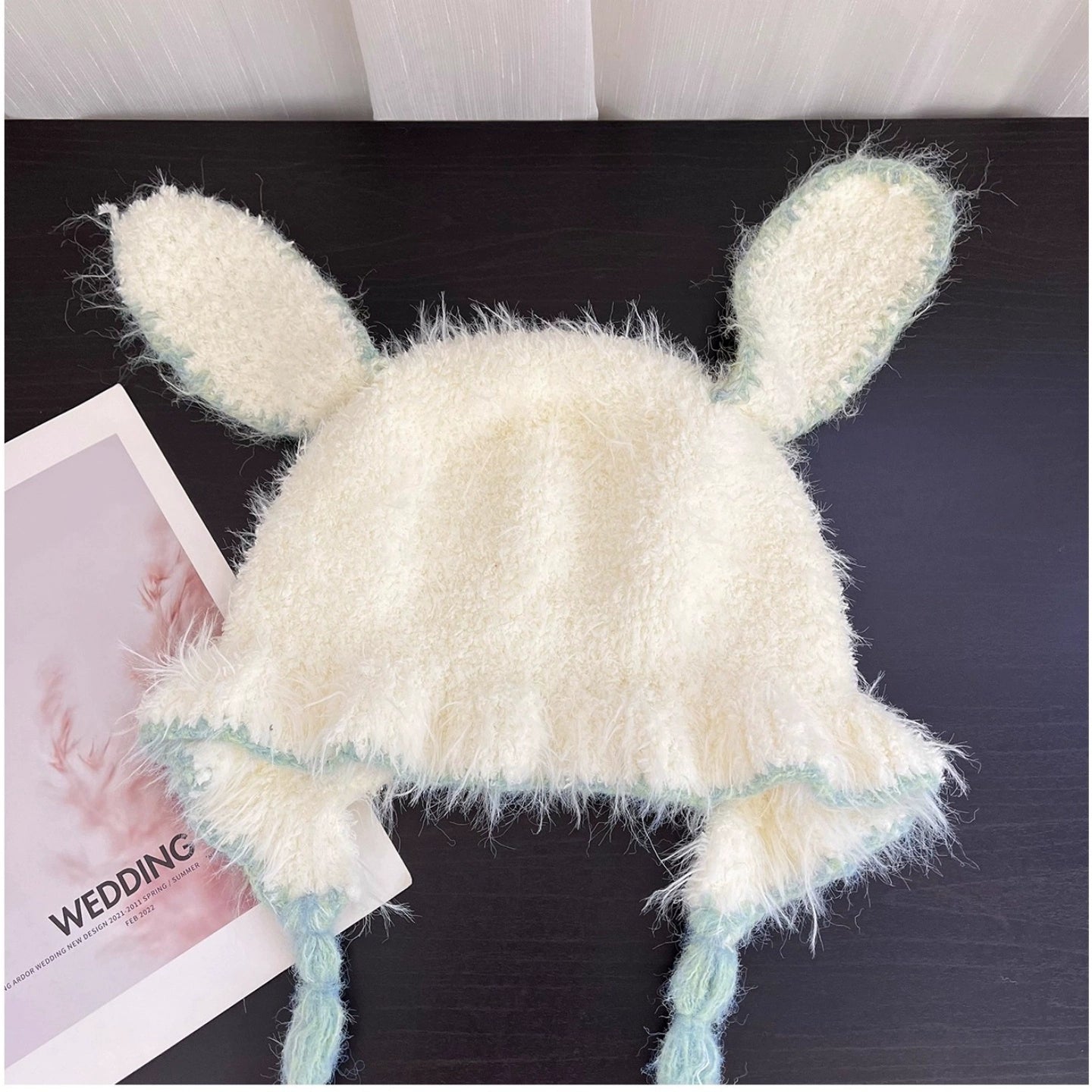 Pink rabbit ear plush knitted ear protection cap