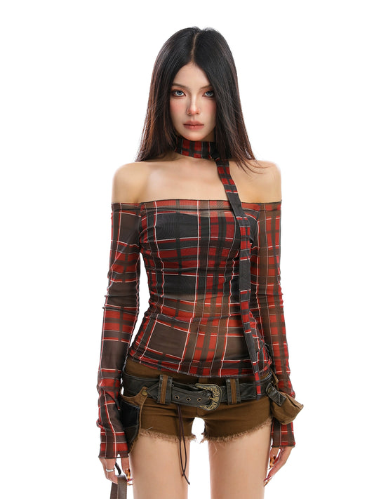 Retro plaid one shoulder long sleeved T-shirt