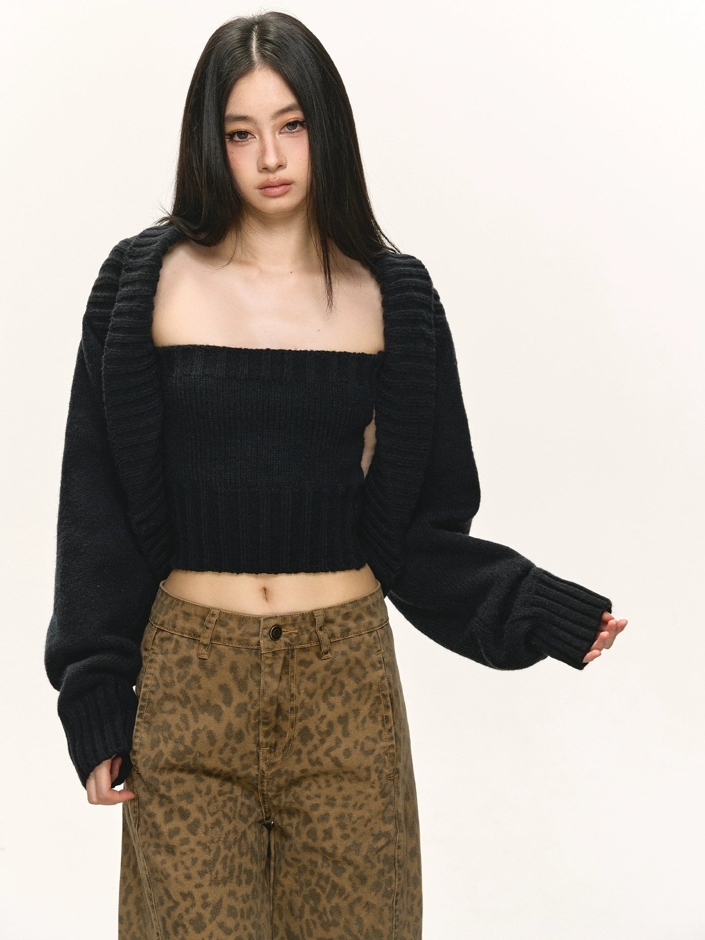 Khaki tube top cardigan sweater set