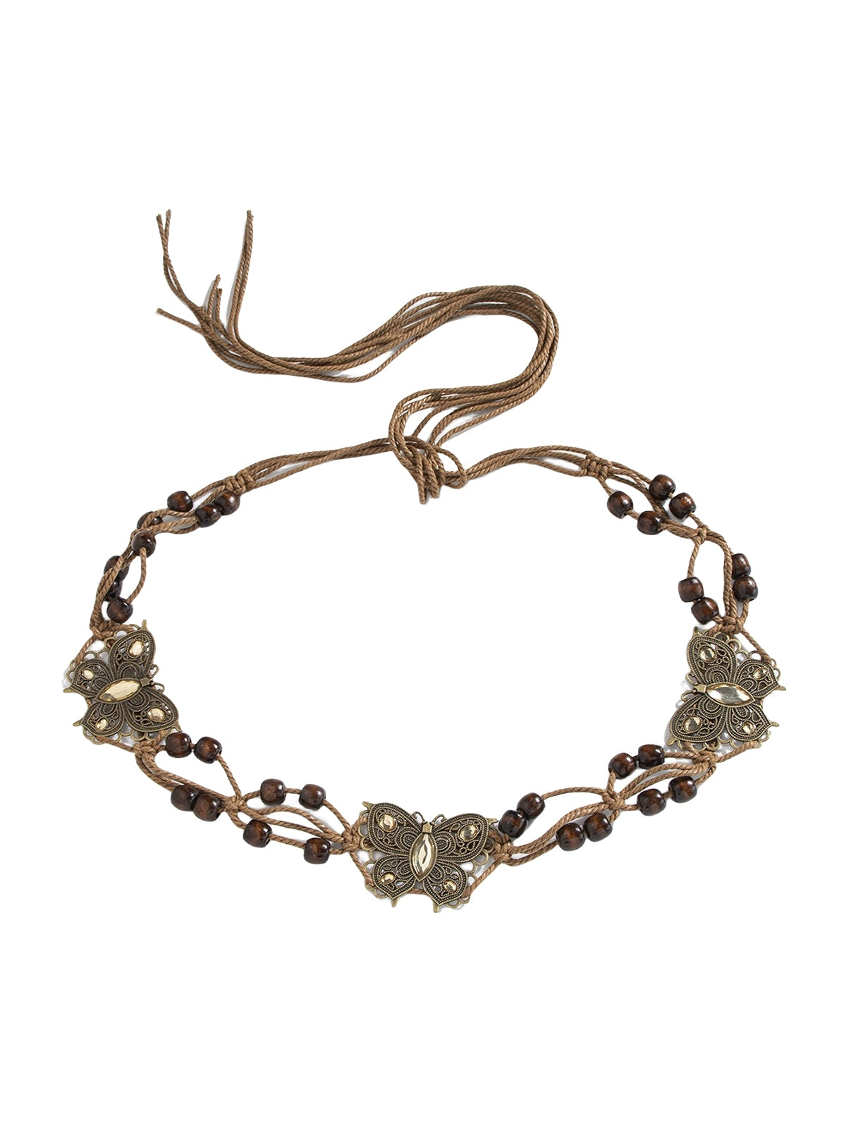 Bohemian ethnic style butterfly wood bead wax rope hand woven belt