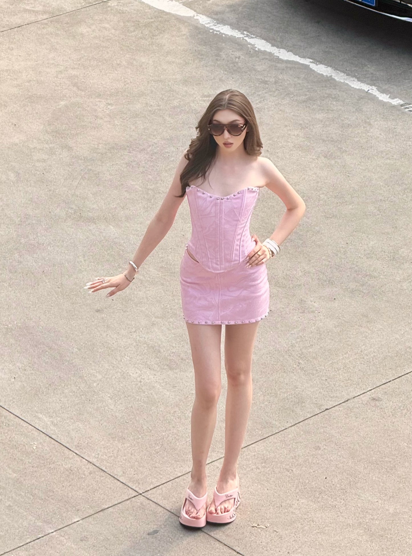 Rivet pink fishbone corset mini skirt set