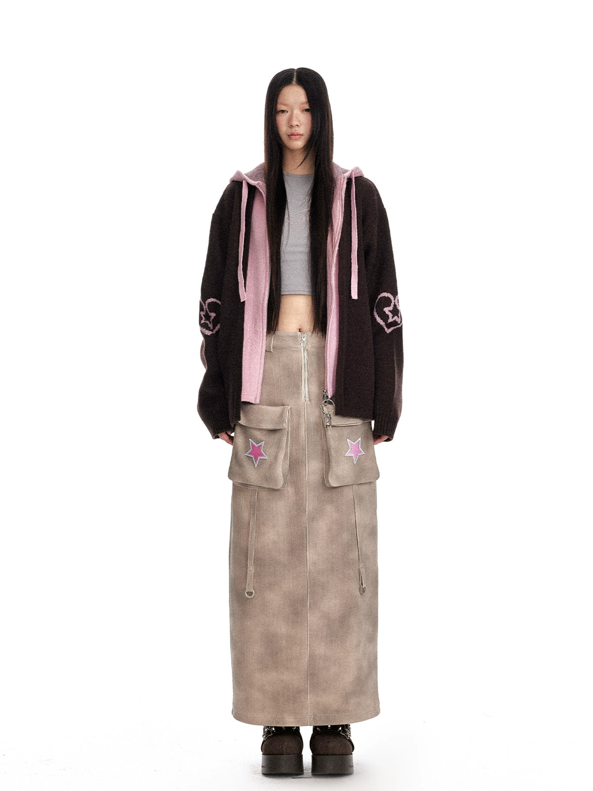 Color blocked fake two-piece hooded cardigan jacquard zipper knitted cardigan