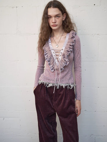 Water Bear original design V-neck lace up multi-layer ruffle romantic knit top