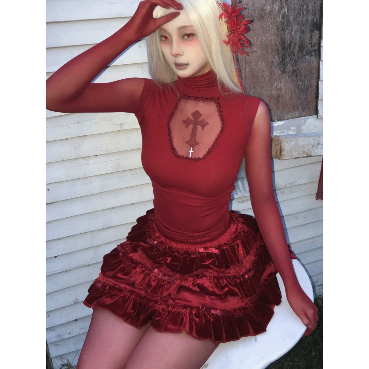 Christmas Wine Deep Red Gothic Cross Hollow High Neck Knitted Shirt