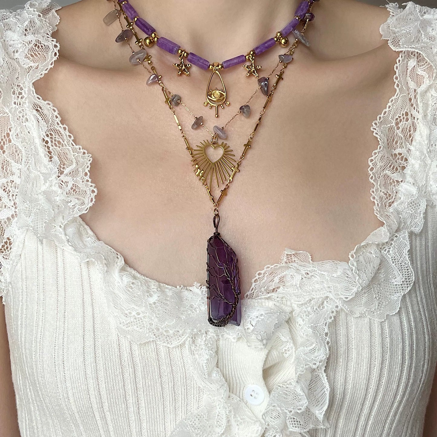 Purple Spirit Crystal Natural Stone Love Titanium Steel Necklace Stacked