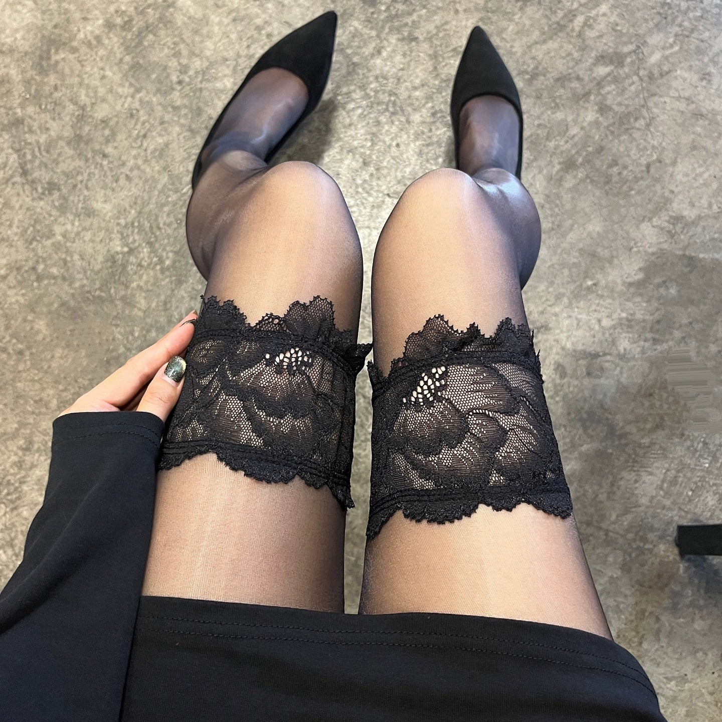 Black Lace Trim Sheer Thigh-High Stockings