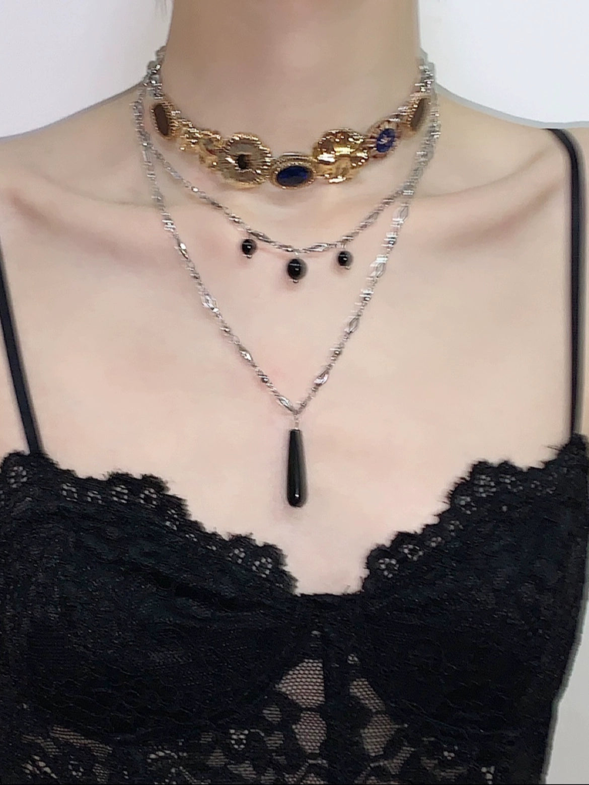 Tarot Master Blue Gold Black Agate Titanium Steel Necklace Choker