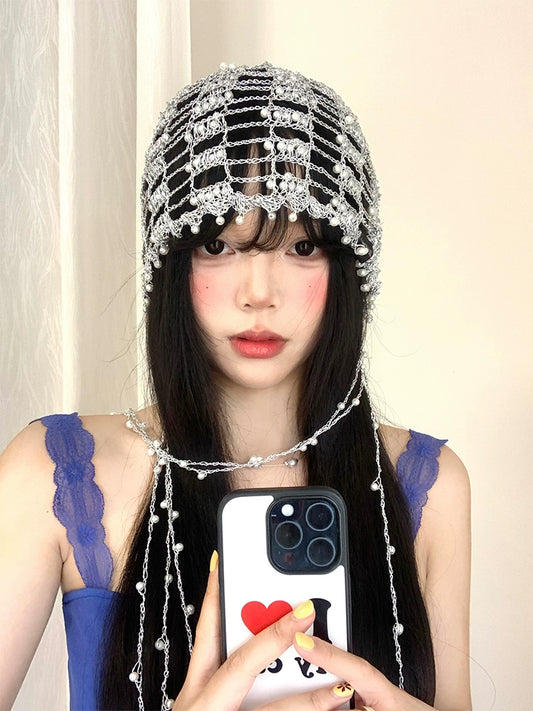 Handmade metal chain pearl hollow hat