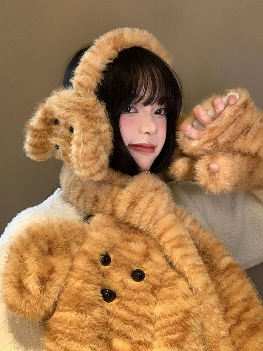 Cute tiger patterned dog scarf, earmuffs, gloves, three piece set