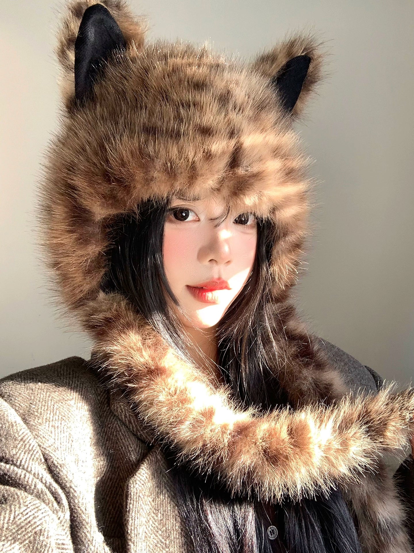 Cute leopard print fox ears plush hat scarf in one