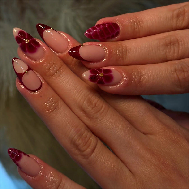 Marble cracked red almond manicure