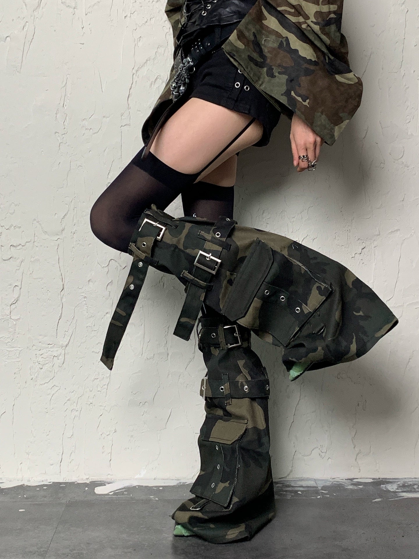 Y2K Apocalypse Sweetheart~White Bottom Black Cross Strap x Camouflage Punk Socks