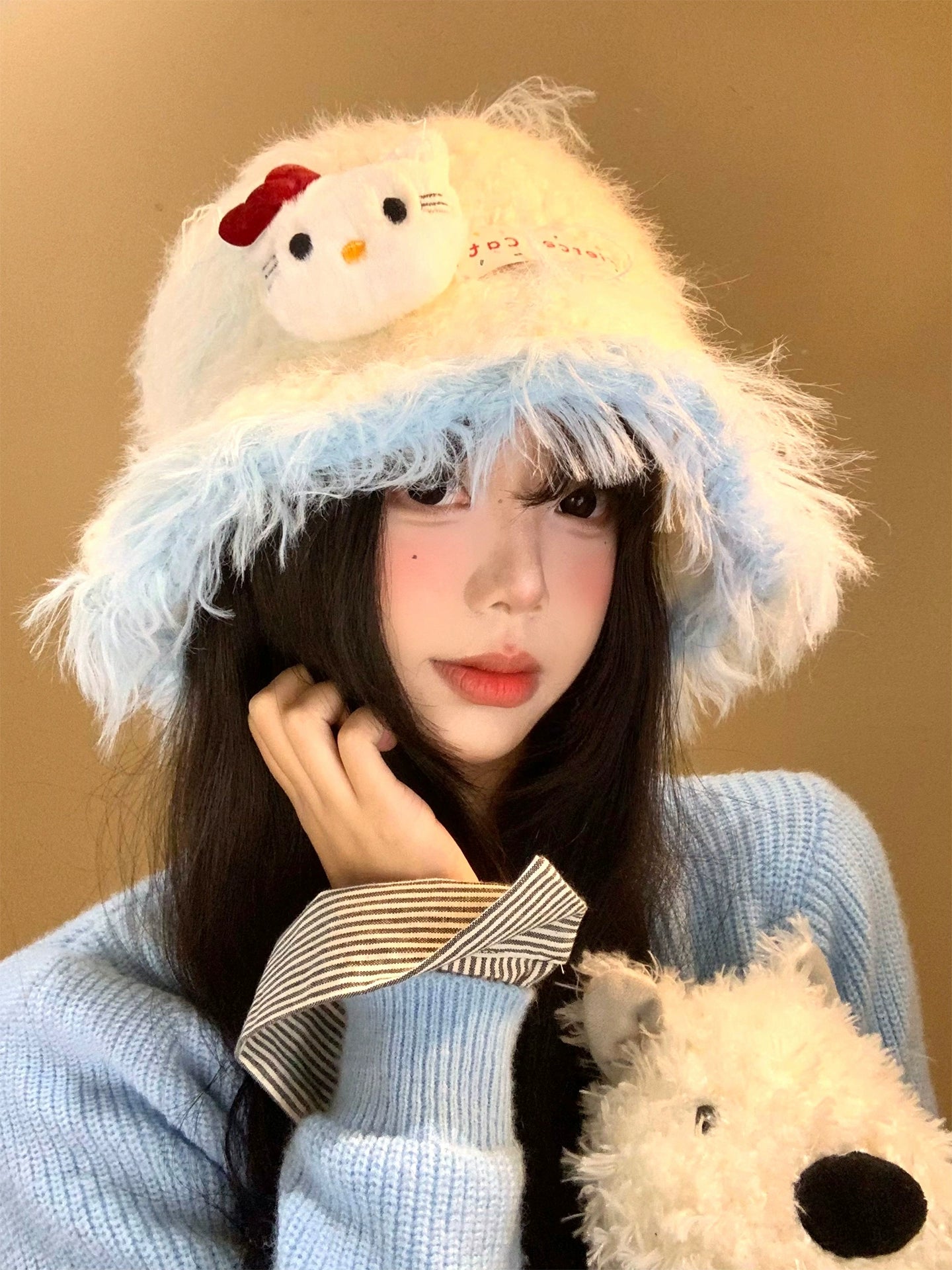 Kitty cat plush knitted fisherman hat