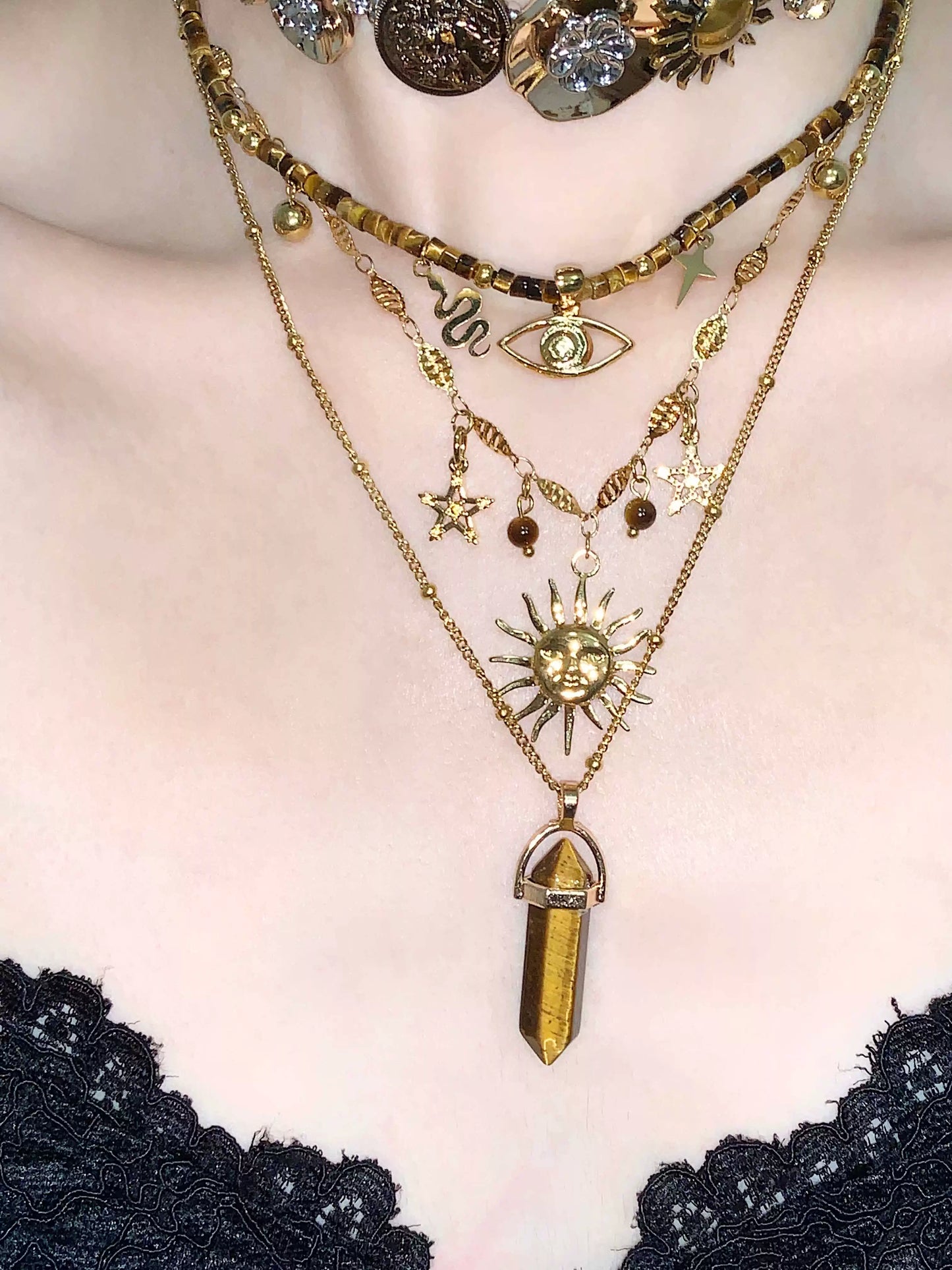 Prometheus Retro Tiger Eye Brown Starry Sun Multi Layer Stacked Necklace