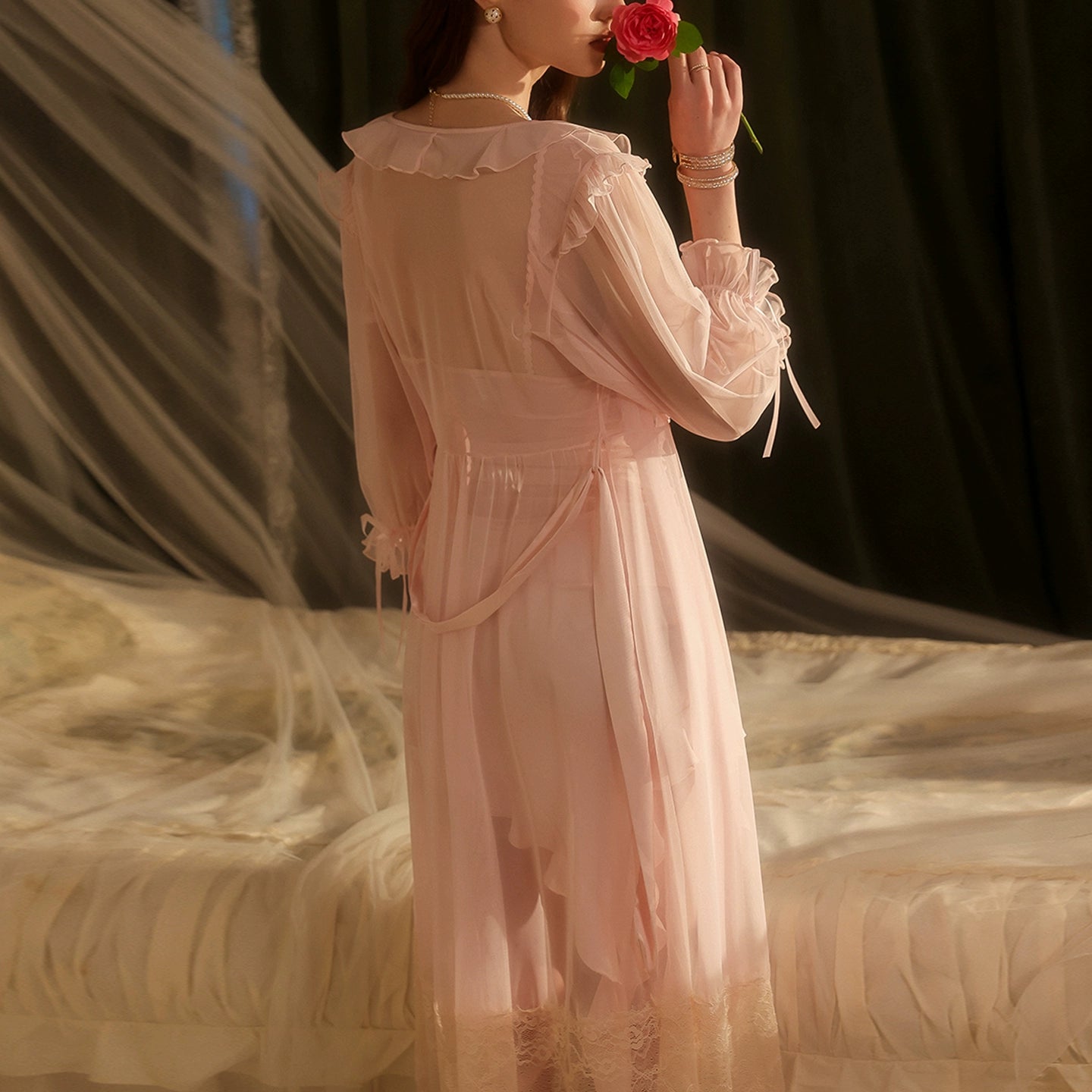 Asymmetric perspective lace mesh dress lingerie