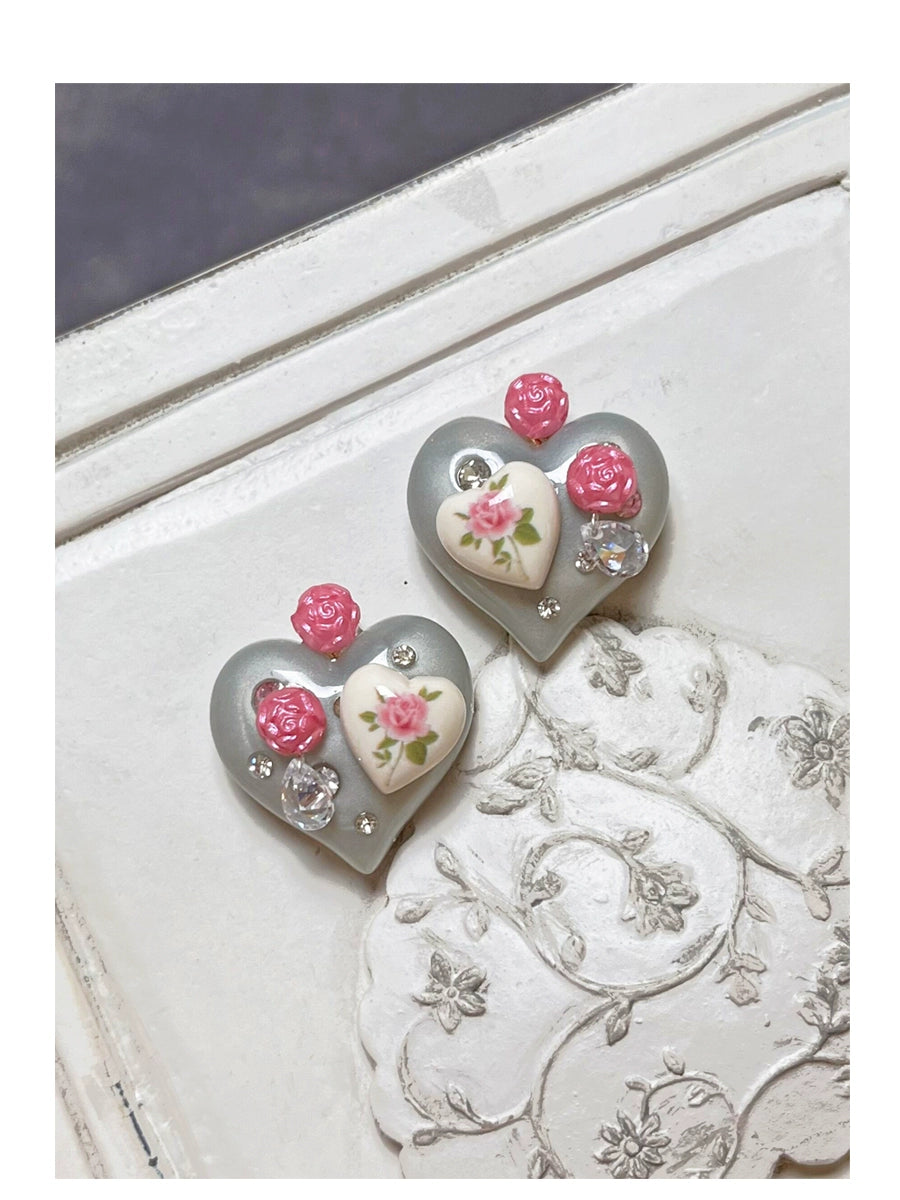 ~* Screen specific Peach Heart Pink Box *~Rose&Sparkling Tears Diamond Millennium Club Silver Earrings
