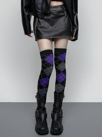 High bounce knee high diamond checkered punk thigh socks