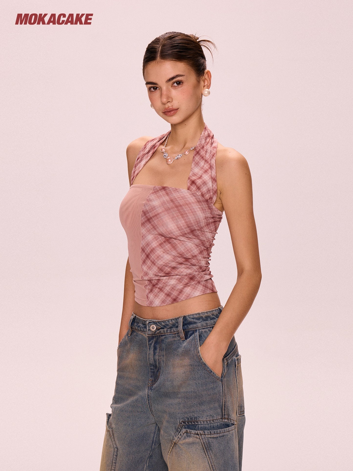Pink checkered patchwork halter strap with exposed back