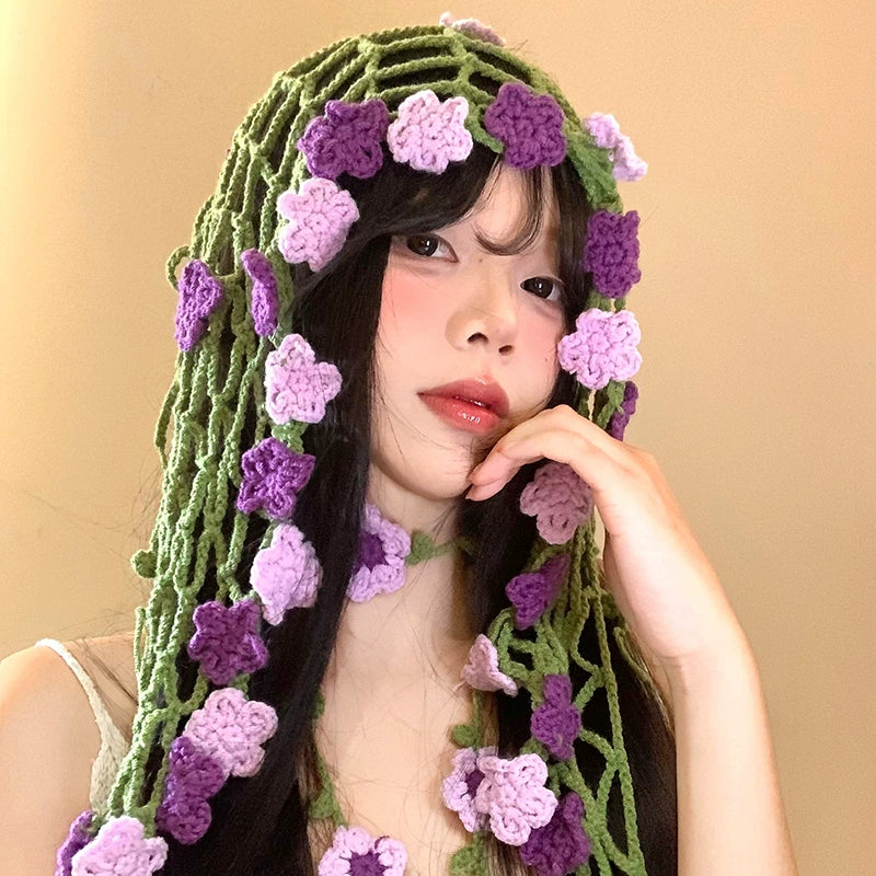 Hook woven flower triangular headscarf for women's rural vacation style