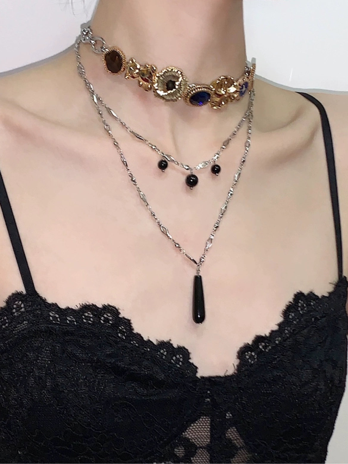 Tarot Master Blue Gold Black Agate Titanium Steel Necklace Choker