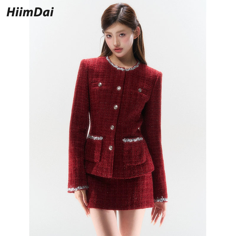 Silver-Woven Wine Red Jacket & mini Skirt Set