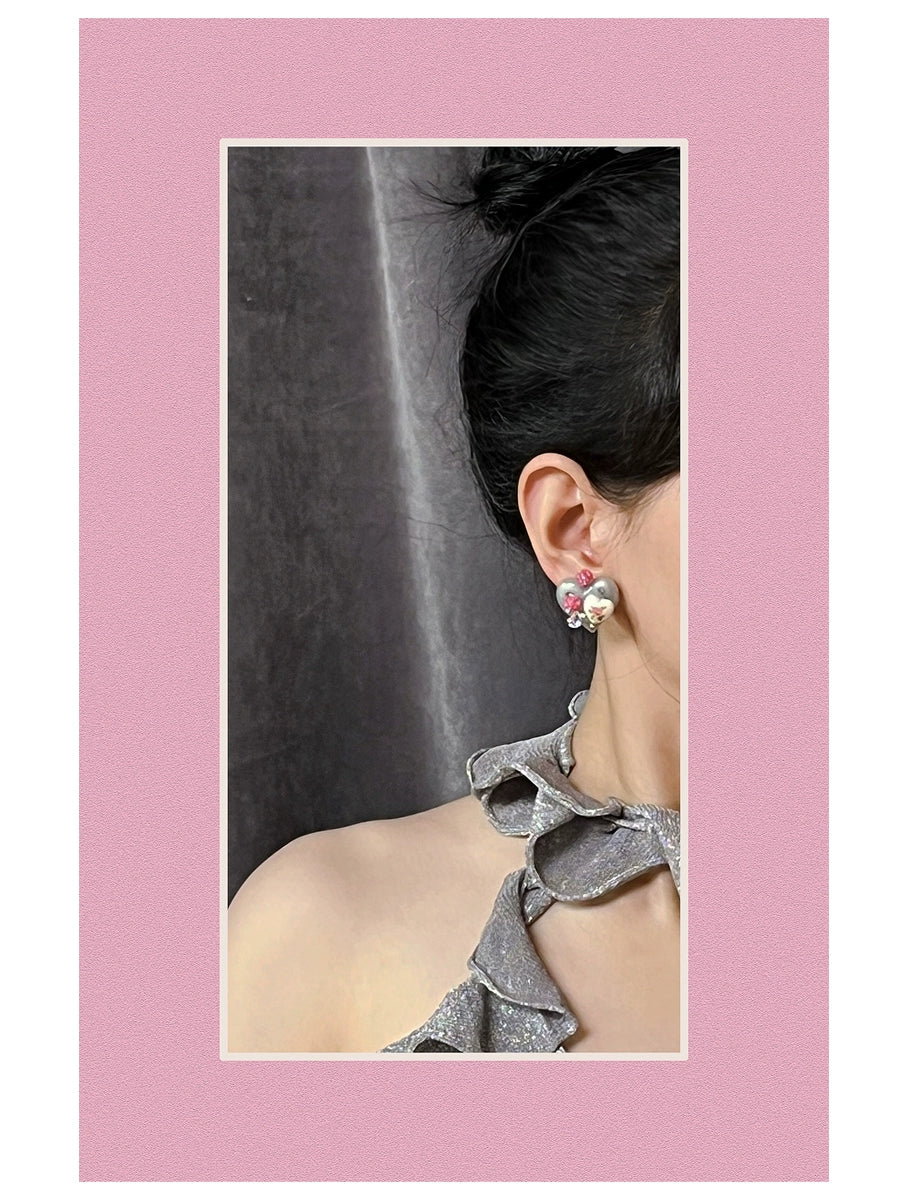 ~* Screen specific Peach Heart Pink Box *~Rose&Sparkling Tears Diamond Millennium Club Silver Earrings