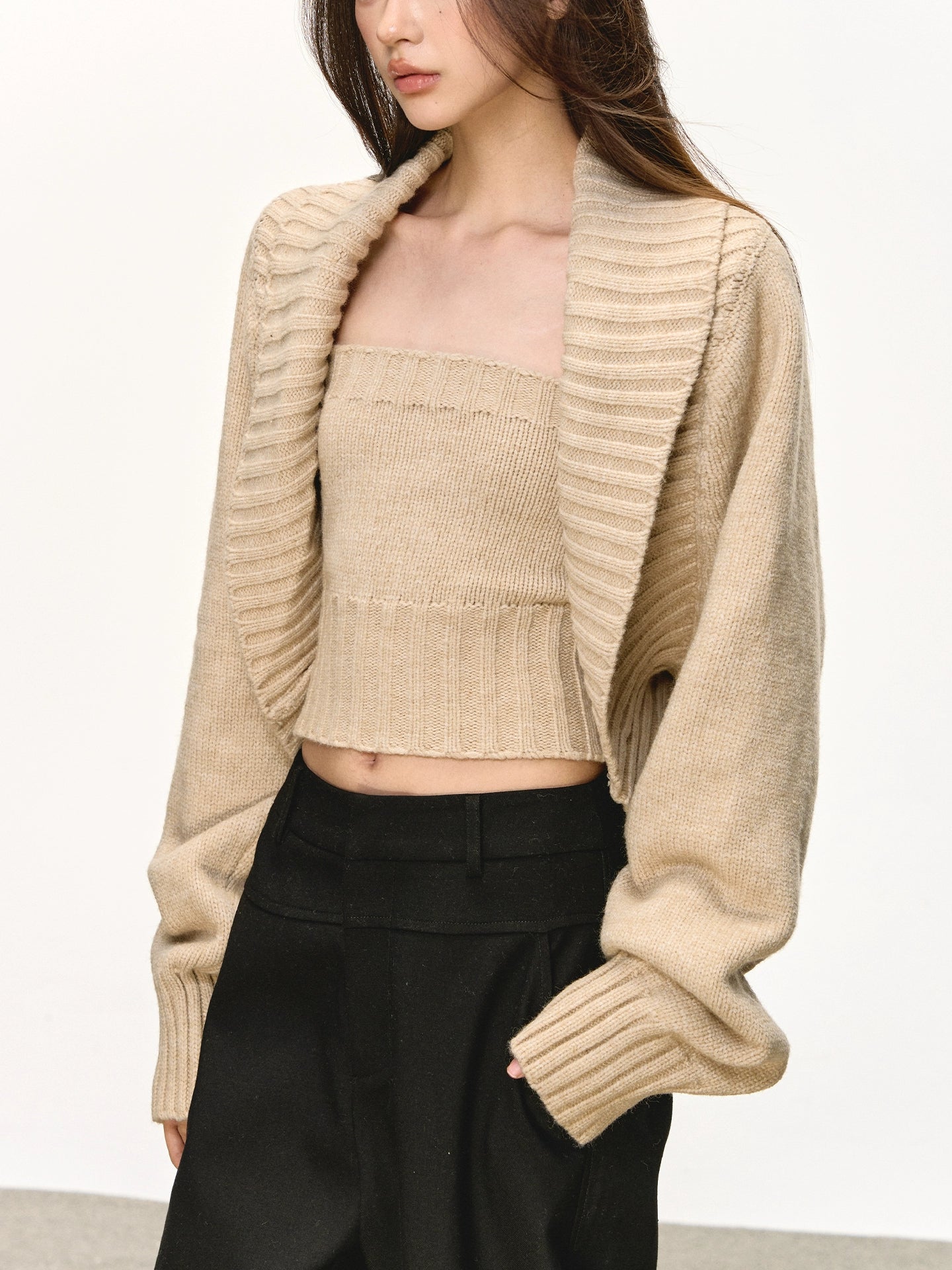 Khaki tube top cardigan sweater set