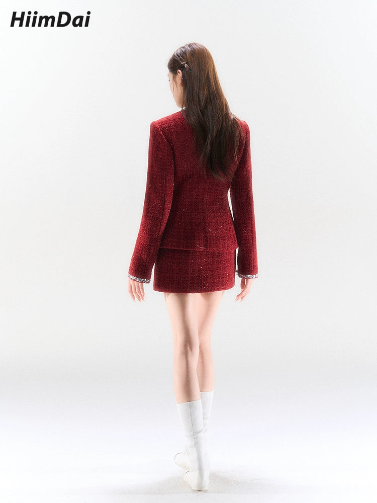 Silver-Woven Wine Red Jacket & mini Skirt Set