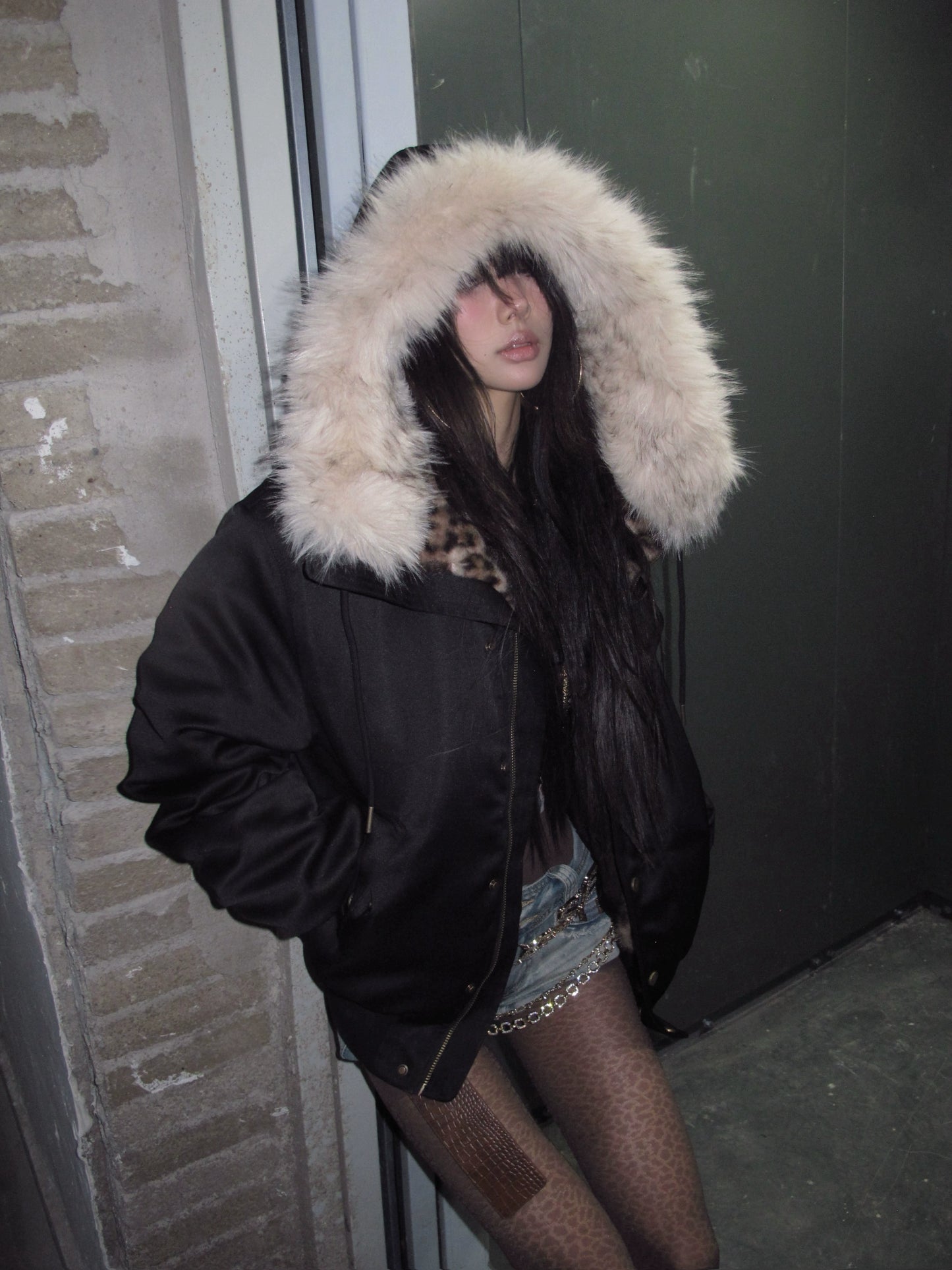 Leopard print hooded fur collar thickened 2000 red star armband cotton jacket