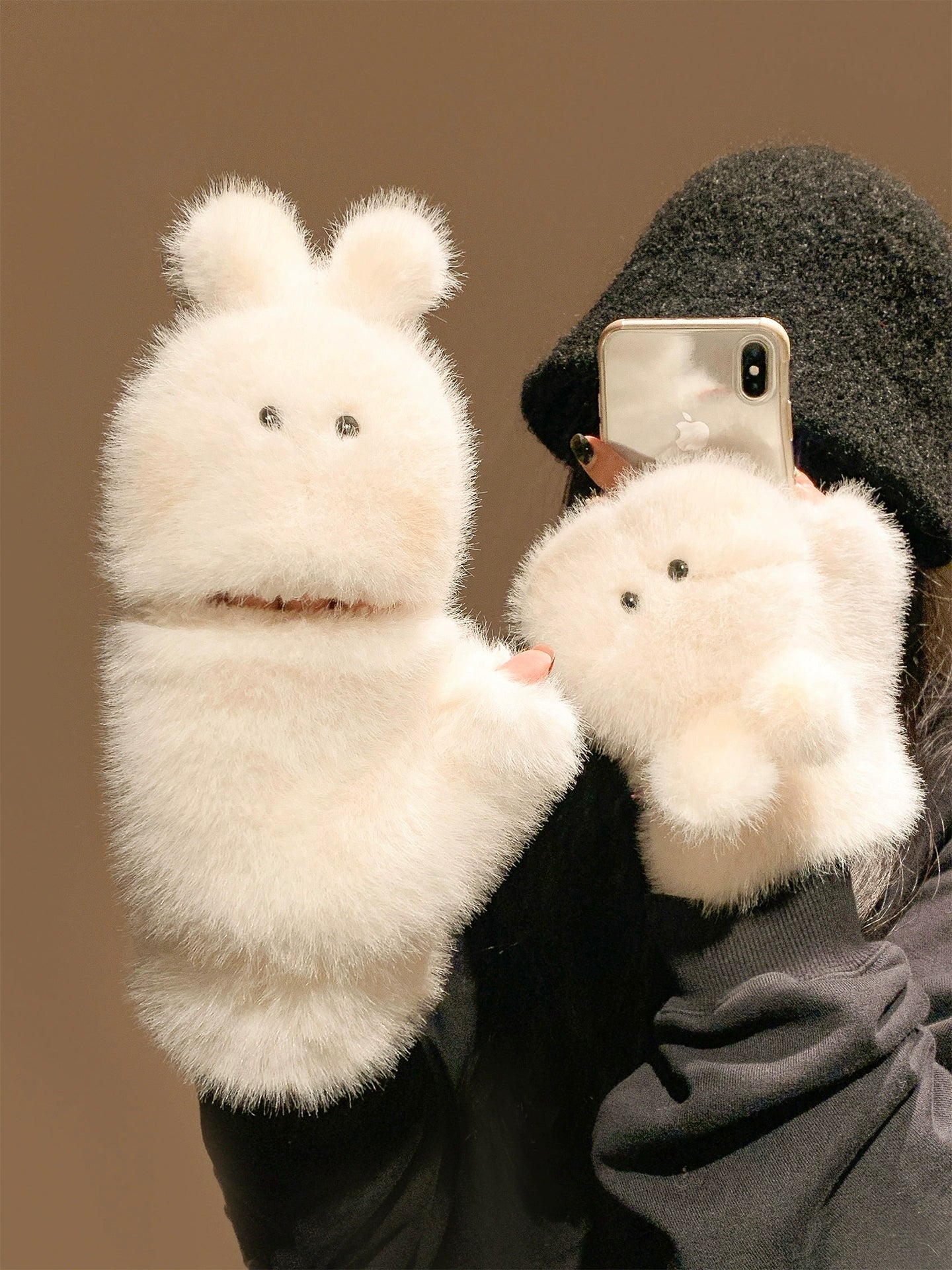 Cute teddy bear flip half finger plush gloves