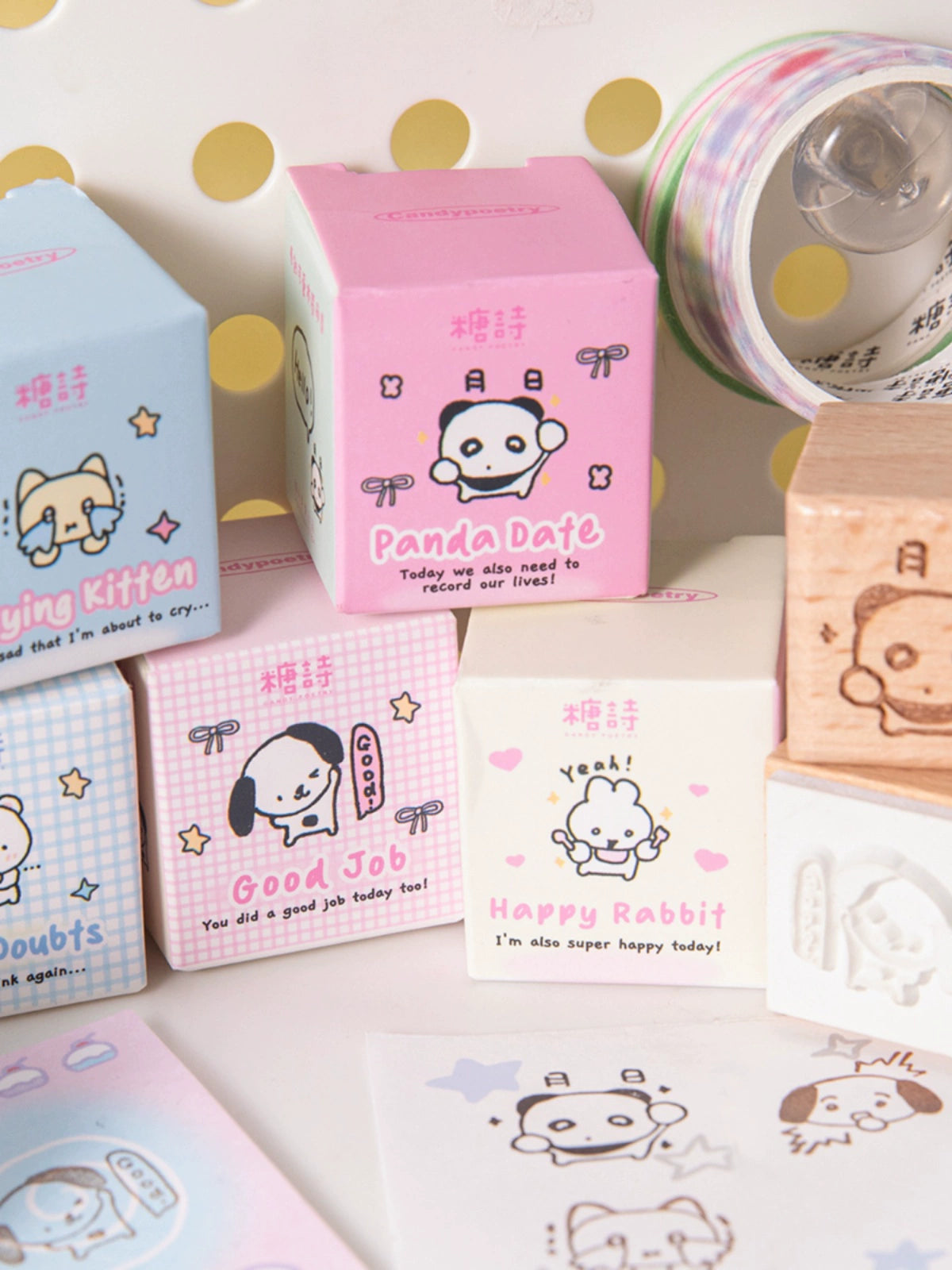 Cute cat and puppy wooden stamp
