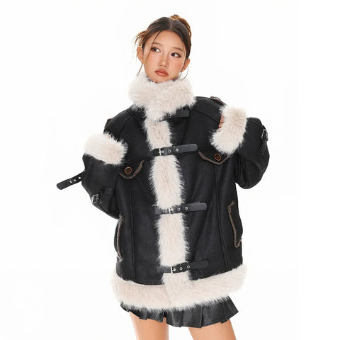 Woolen collar spliced cotton jacket