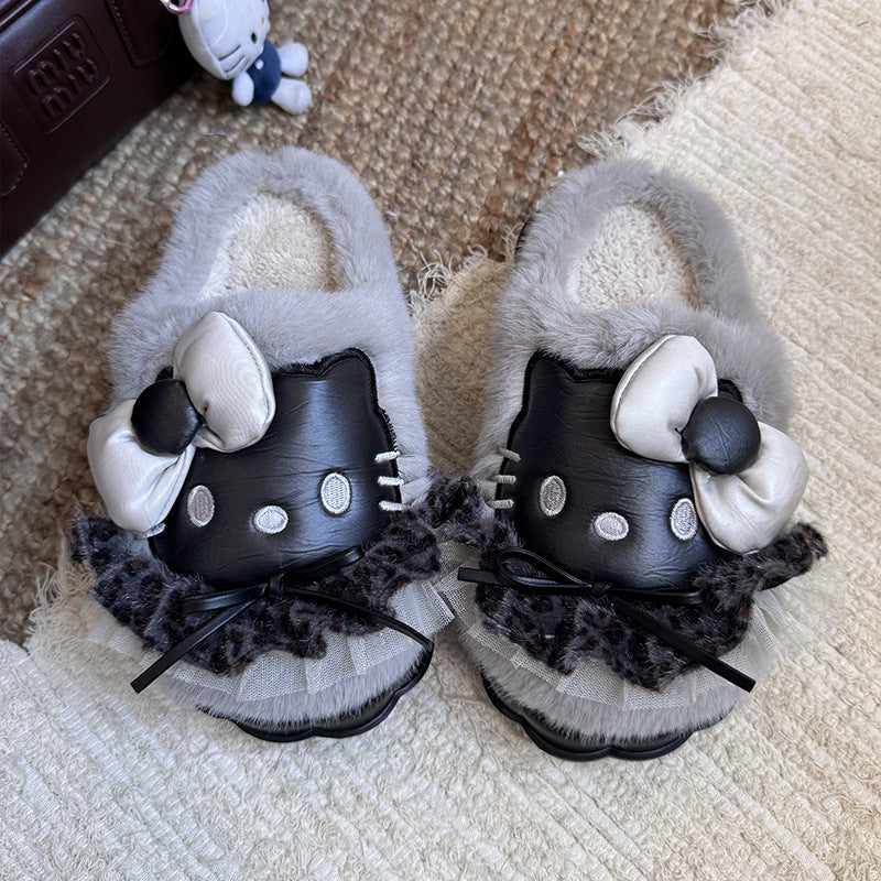 Dark leather plush Hello Kitty slippers