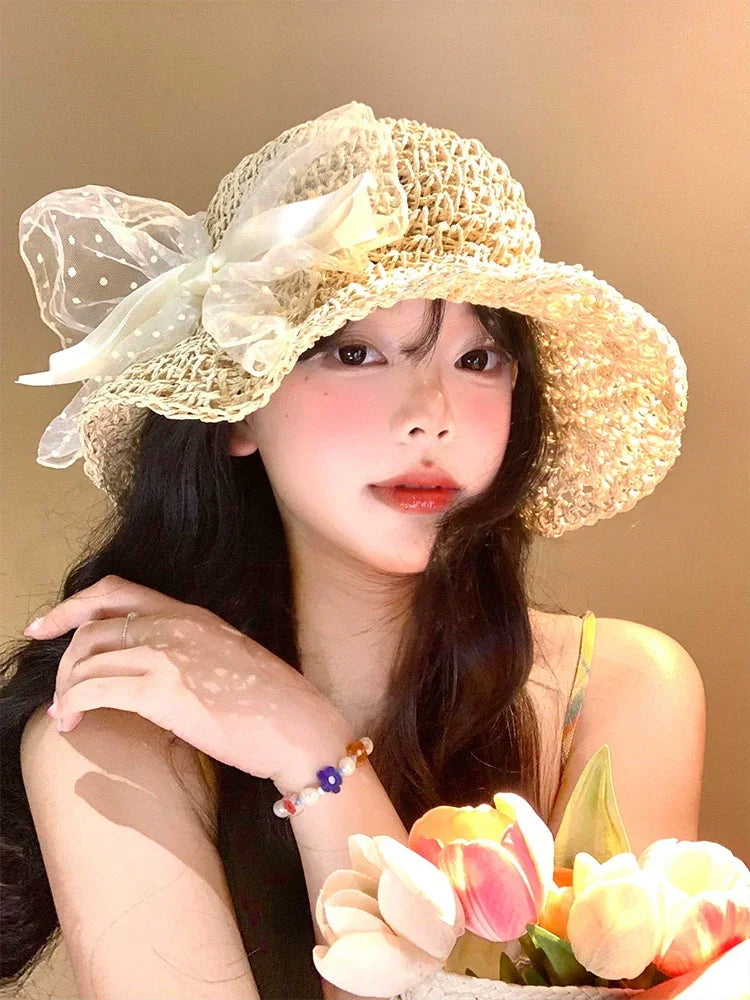 Bow lace straw hat