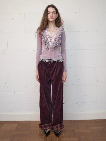 Water Bear original design V-neck lace up multi-layer ruffle romantic knit top