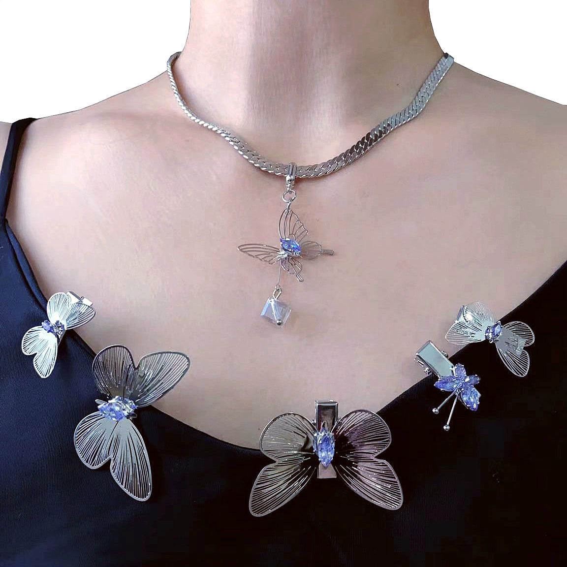 Exquisite Purple Diamond Hollow Cross Butterfly Necklace Ring