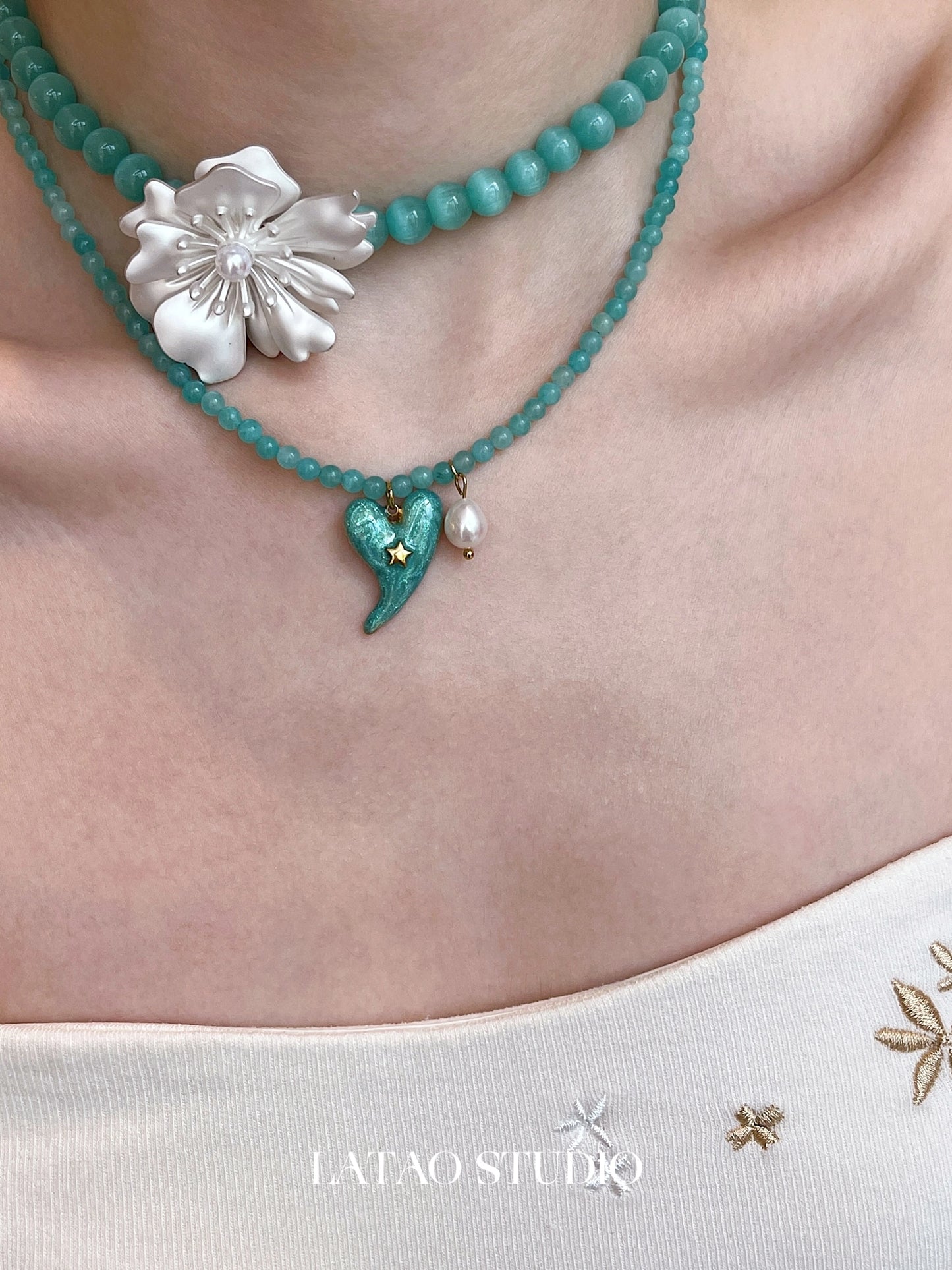Xiaoqing Flower Love Pearl Cat Eye Tianhe Stone Bead Necklace