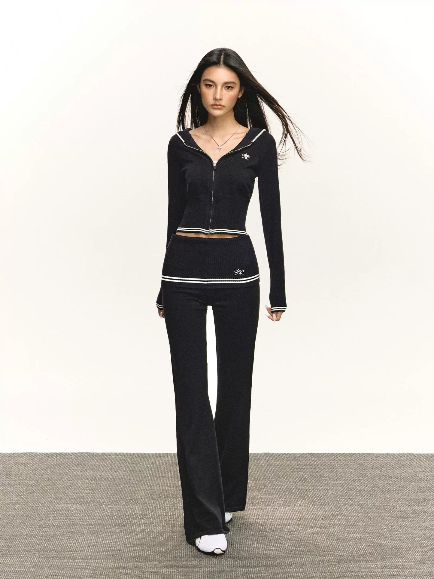 Hooded knit sweater flared pants set