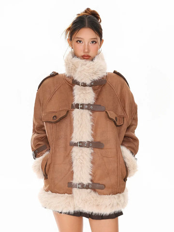 Woolen collar spliced cotton jacket