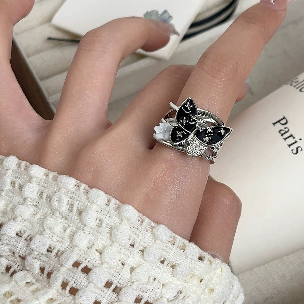 Exquisite Purple Diamond Hollow Cross Butterfly Necklace Ring