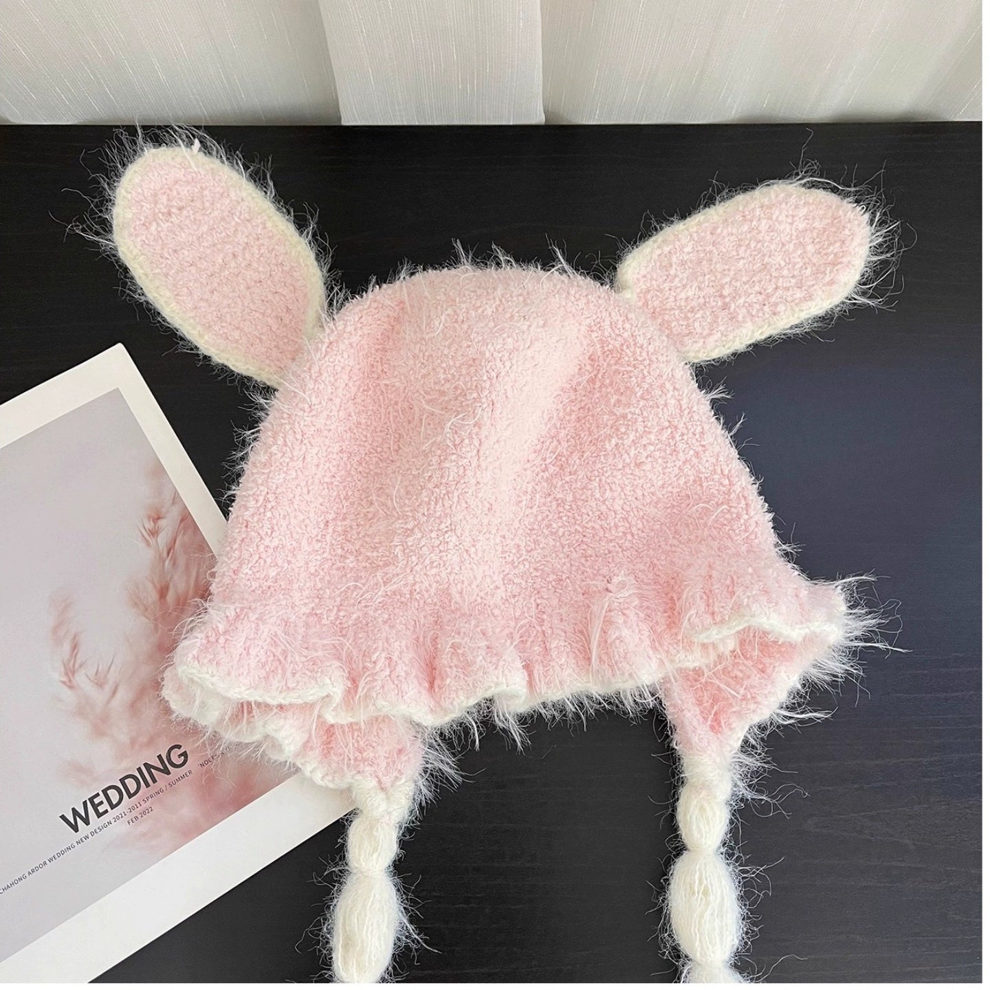 Pink rabbit ear plush knitted ear protection cap
