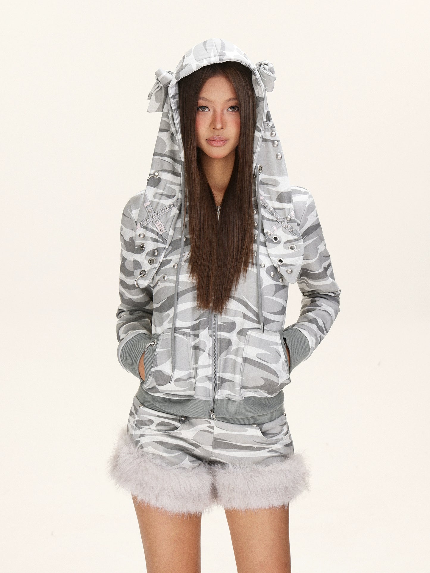 Camouflage rabbit hooded drawstring hoodie plush shorts set