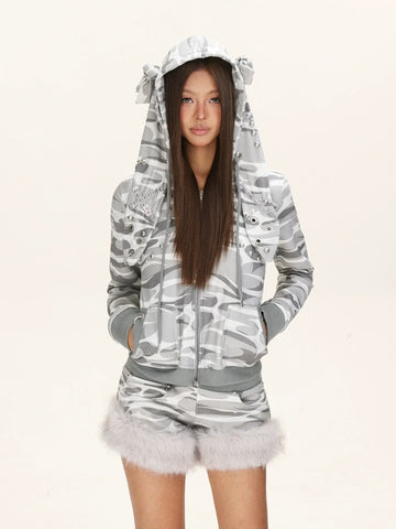 Camouflage rabbit hooded drawstring hoodie plush shorts set