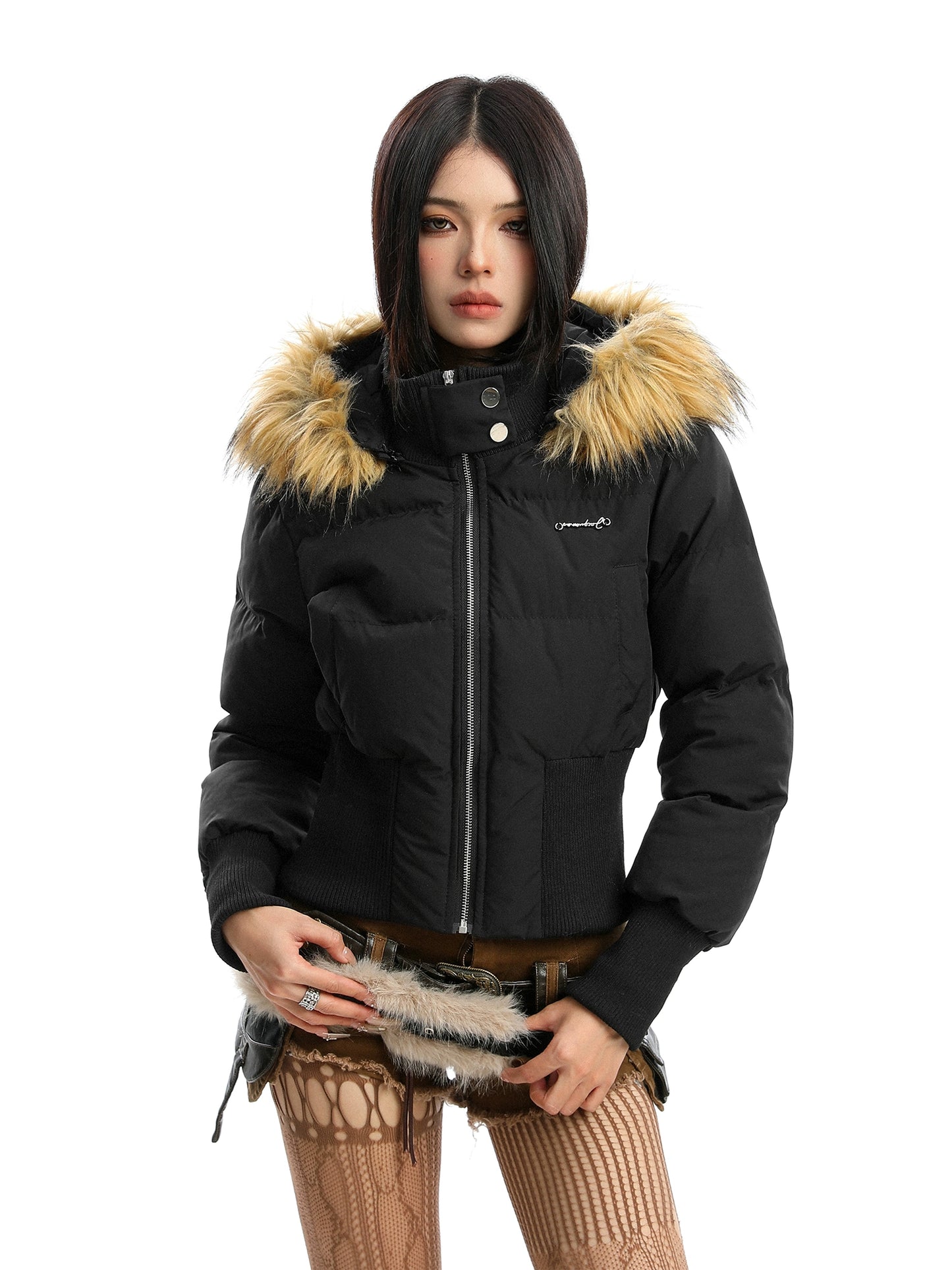 Detachable fur collar hooded short cotton padded coat