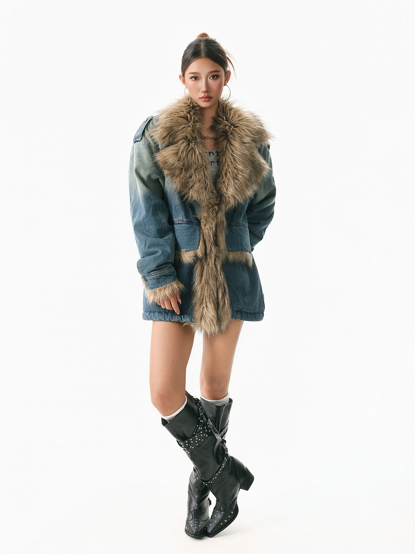Retro fur collar denim cotton jacket