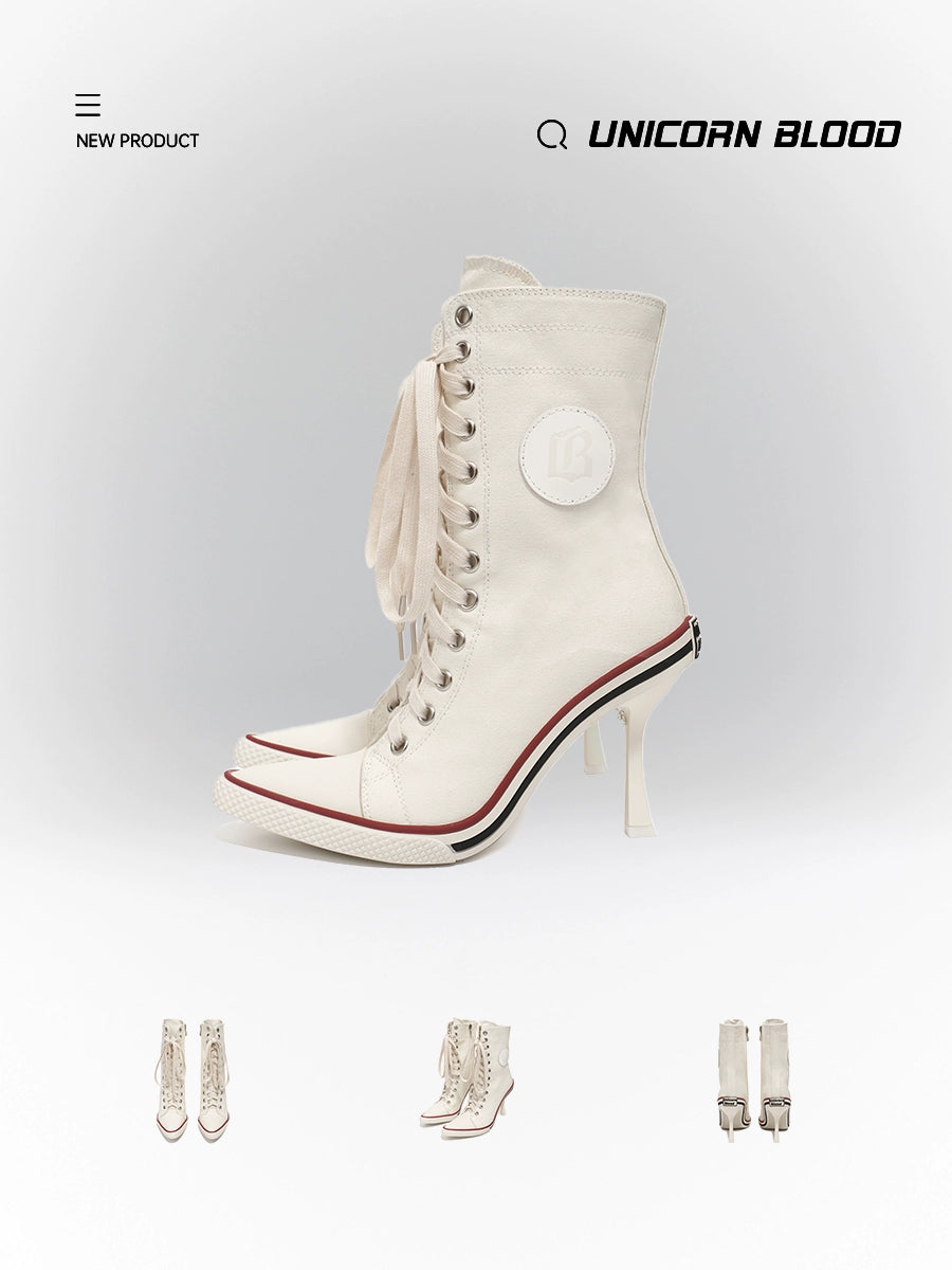 Sports style leather label canvas lace up high heels