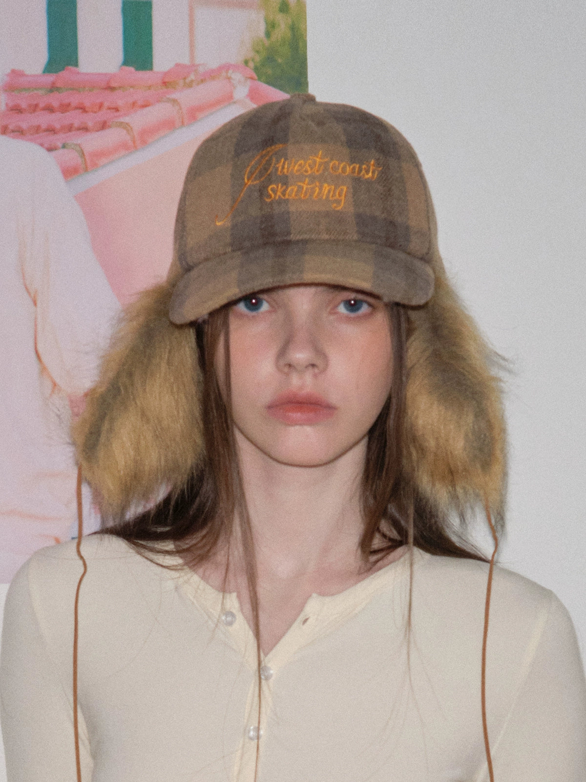 Retro plaid plush ear protector baseball cap