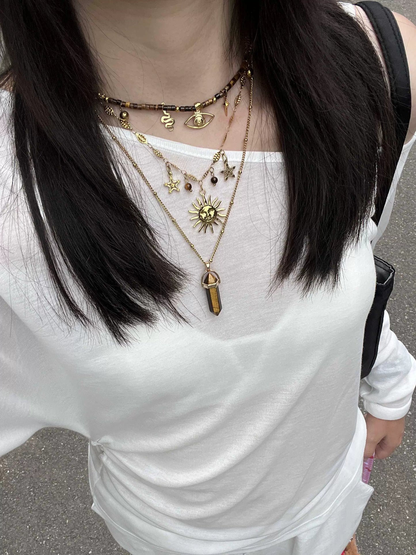 Prometheus Retro Tiger Eye Brown Starry Sun Multi Layer Stacked Necklace